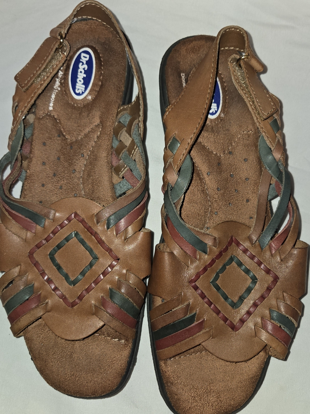Dr. Scholl's Brown Leather Braided Slide Sandals with Green & Red Trim SZ 8 1/2